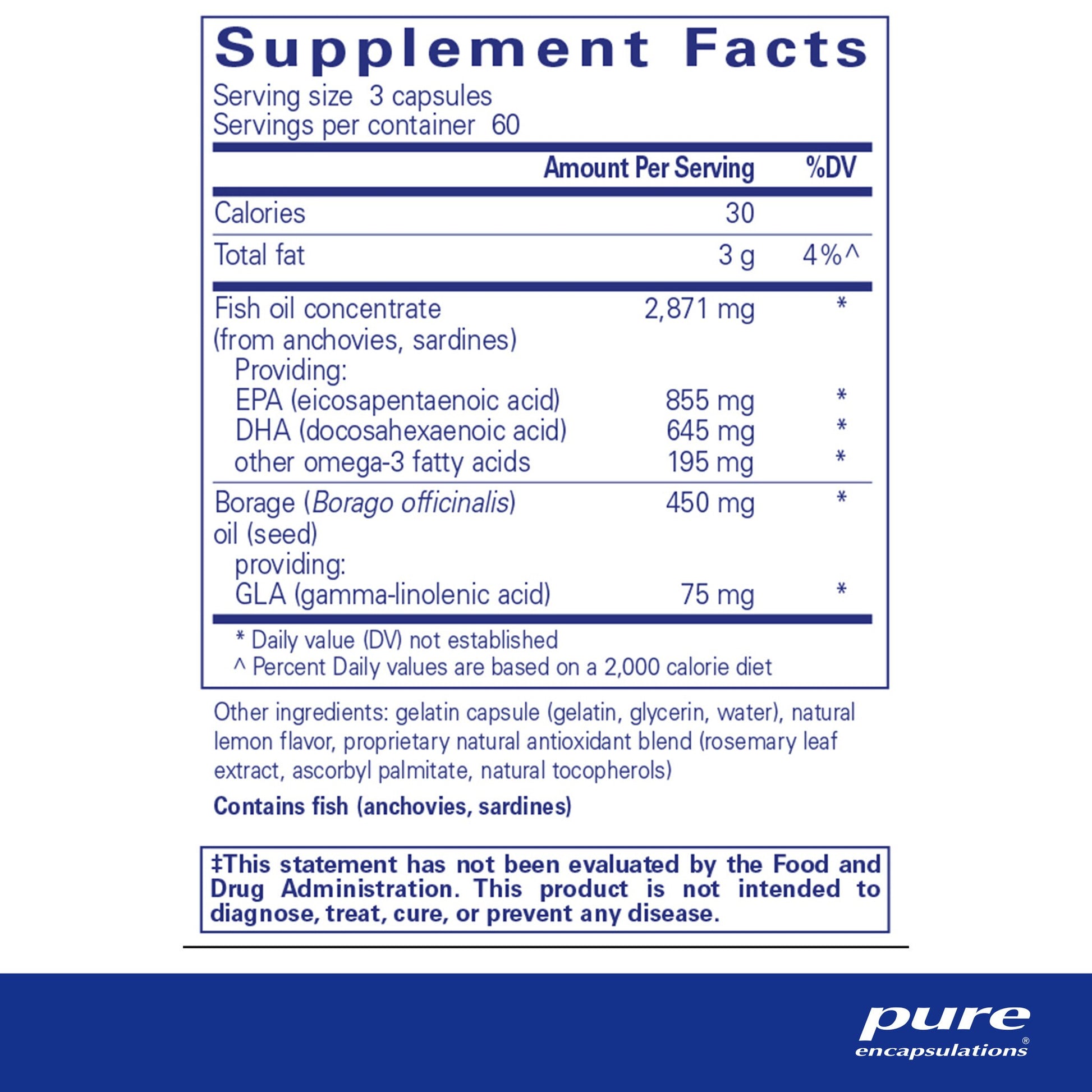 Supplement facts and ingredient information for a bottle of Pure Encapsulations VisionPro EPA/DHA/GLA softgel capsules.