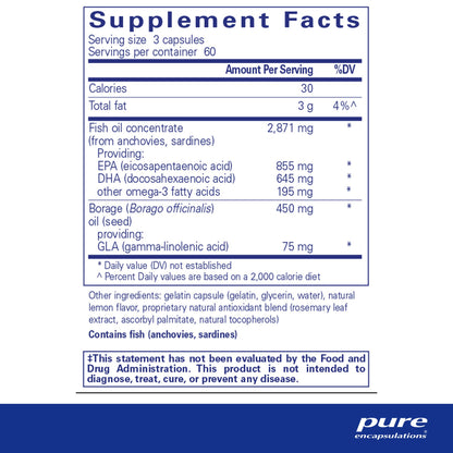 Supplement facts and ingredient information for a bottle of Pure Encapsulations VisionPro EPA/DHA/GLA softgel capsules.