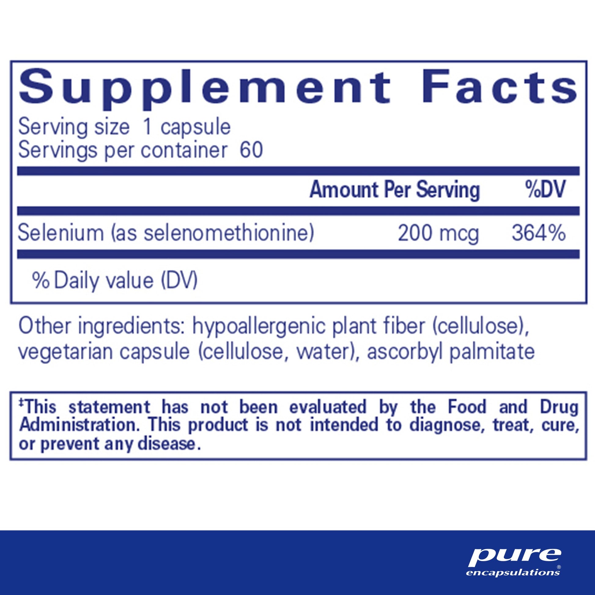 Supplement facts and ingredient information for a A bottle of Pure Encapsulations Selenium (selenomethionine) dietary supplement 