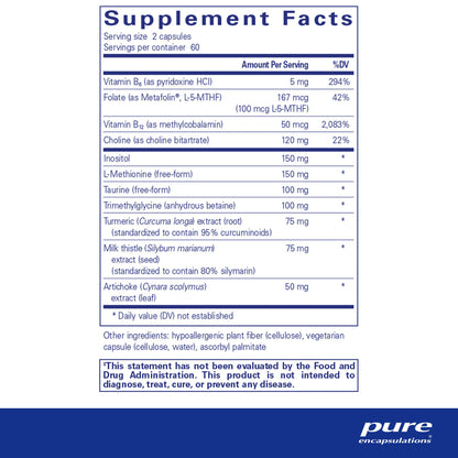 Supplment facts and ingredient information for a bottle of Pure Encapsulations Lipotropic Detox dietary supplement 