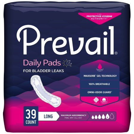 Package of Prevail daily pads for bladder leaks on a dark background