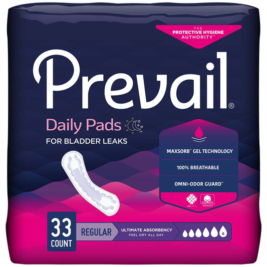 Package of Prevail daily pads for bladder leaks with purple and pink design.