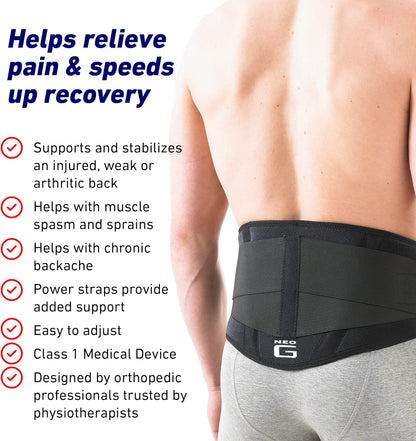 Black back brace worn by a person with text highlighting its benefits