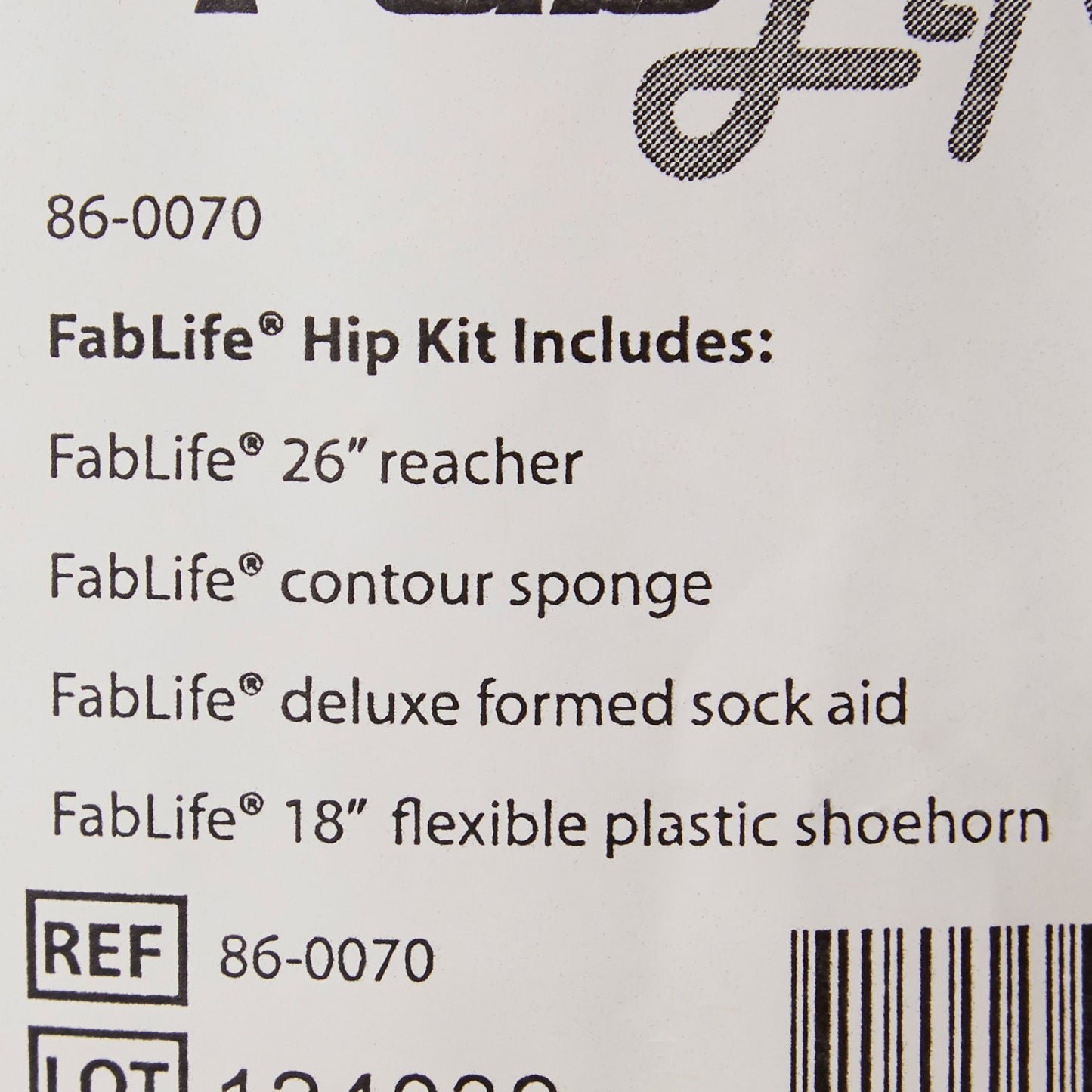 Product label for FabLife Hip Kit with list of included items on a white background.