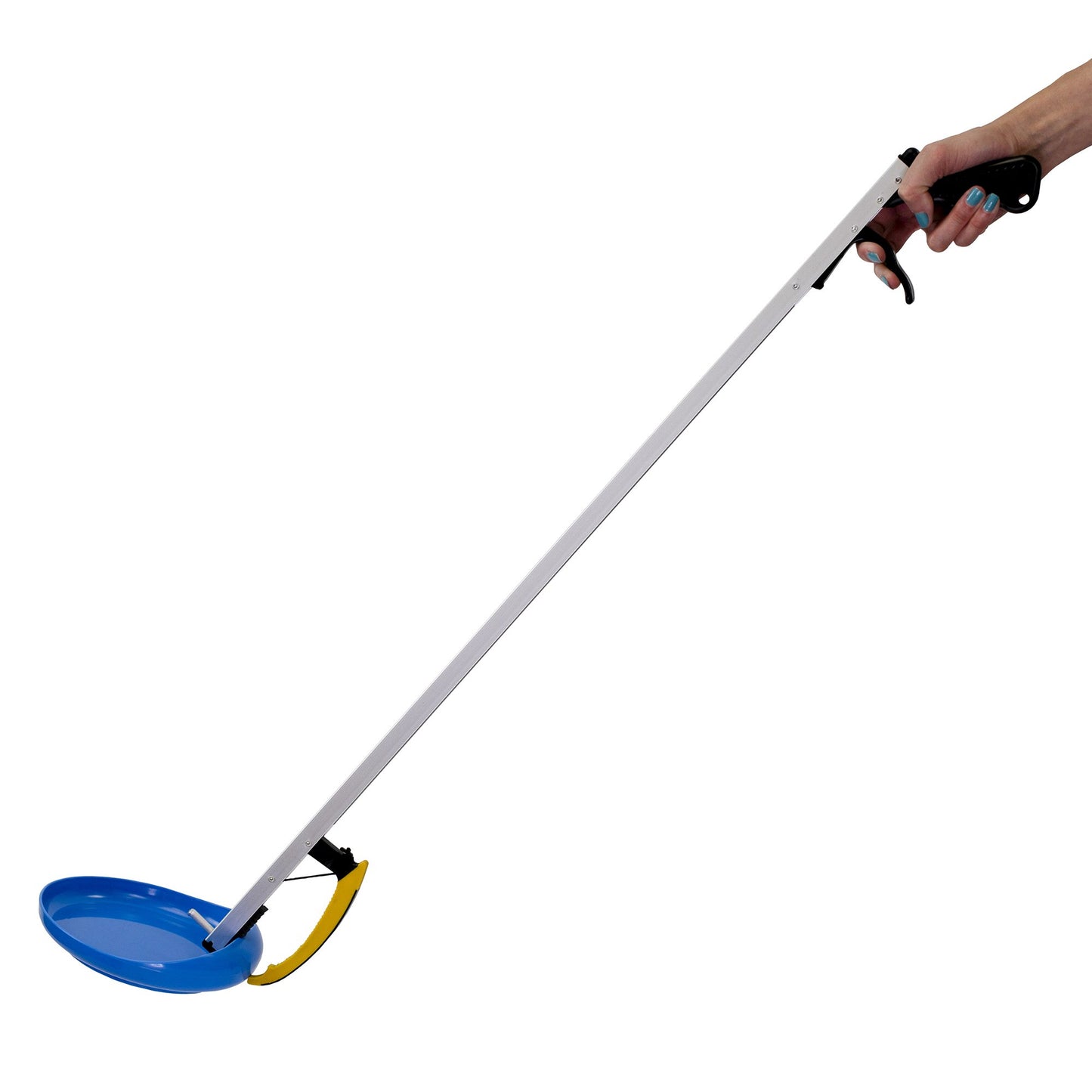 Reacher with a claw grip held by a hand on a white background