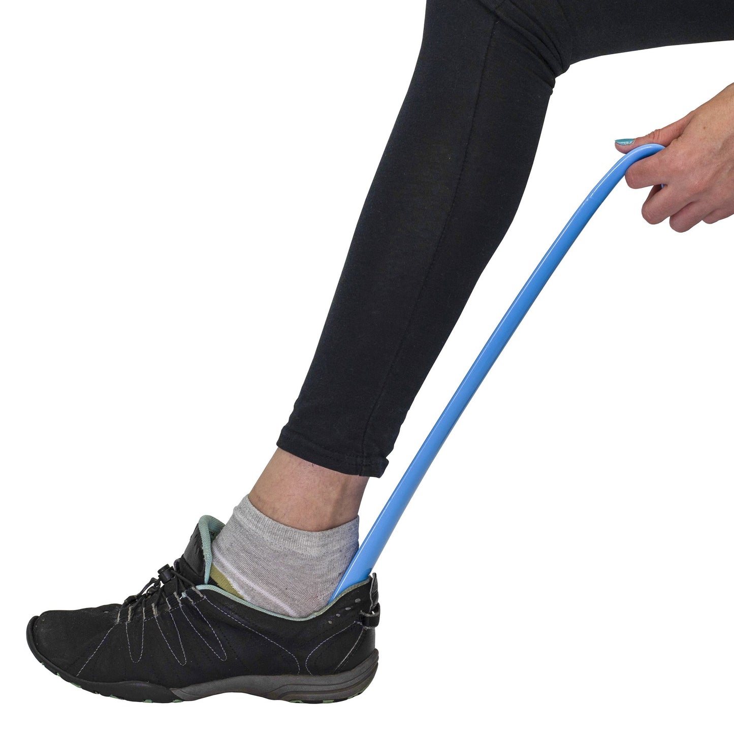 Person using a long, blue show horn with a white background