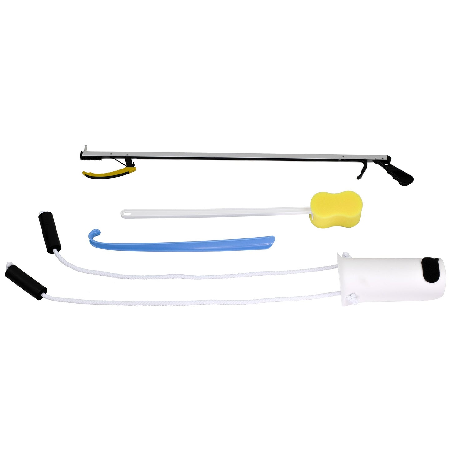 Set of daily living aid tools including a long handle with attachments on a white background