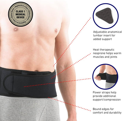 Black waist support belt with features highlighted on a person wearing it, including anatomical insert and power straps.