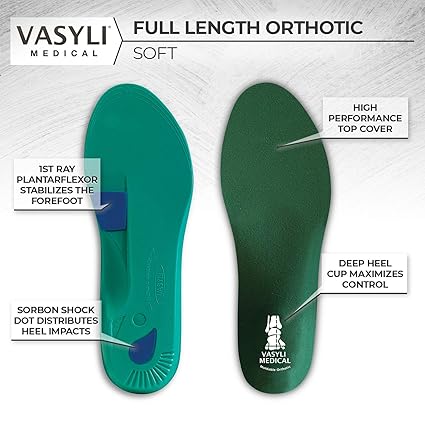 Vasyli Medical full-length orthotic insole with labeled features on a gray background
