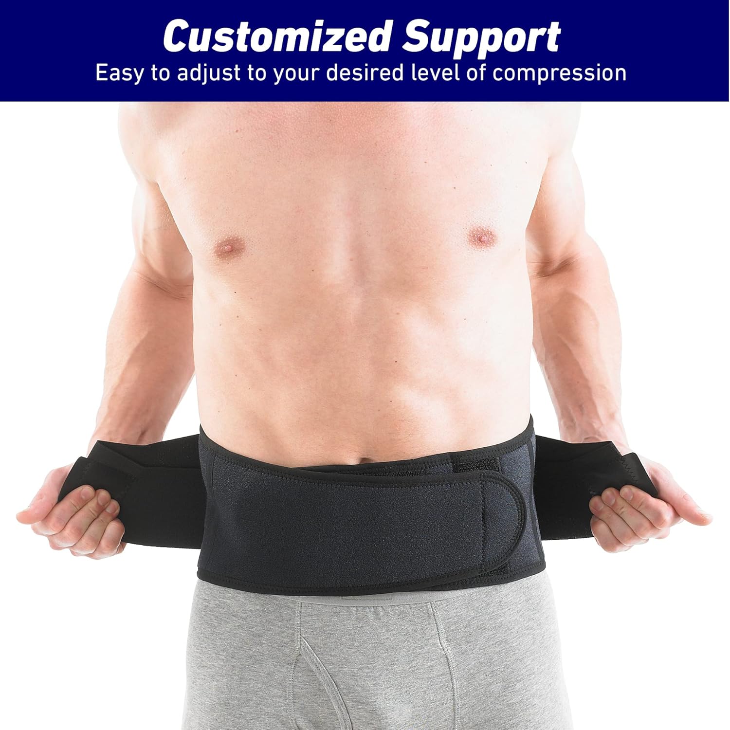 Person wearing a black waist support belt with text about customizable support.