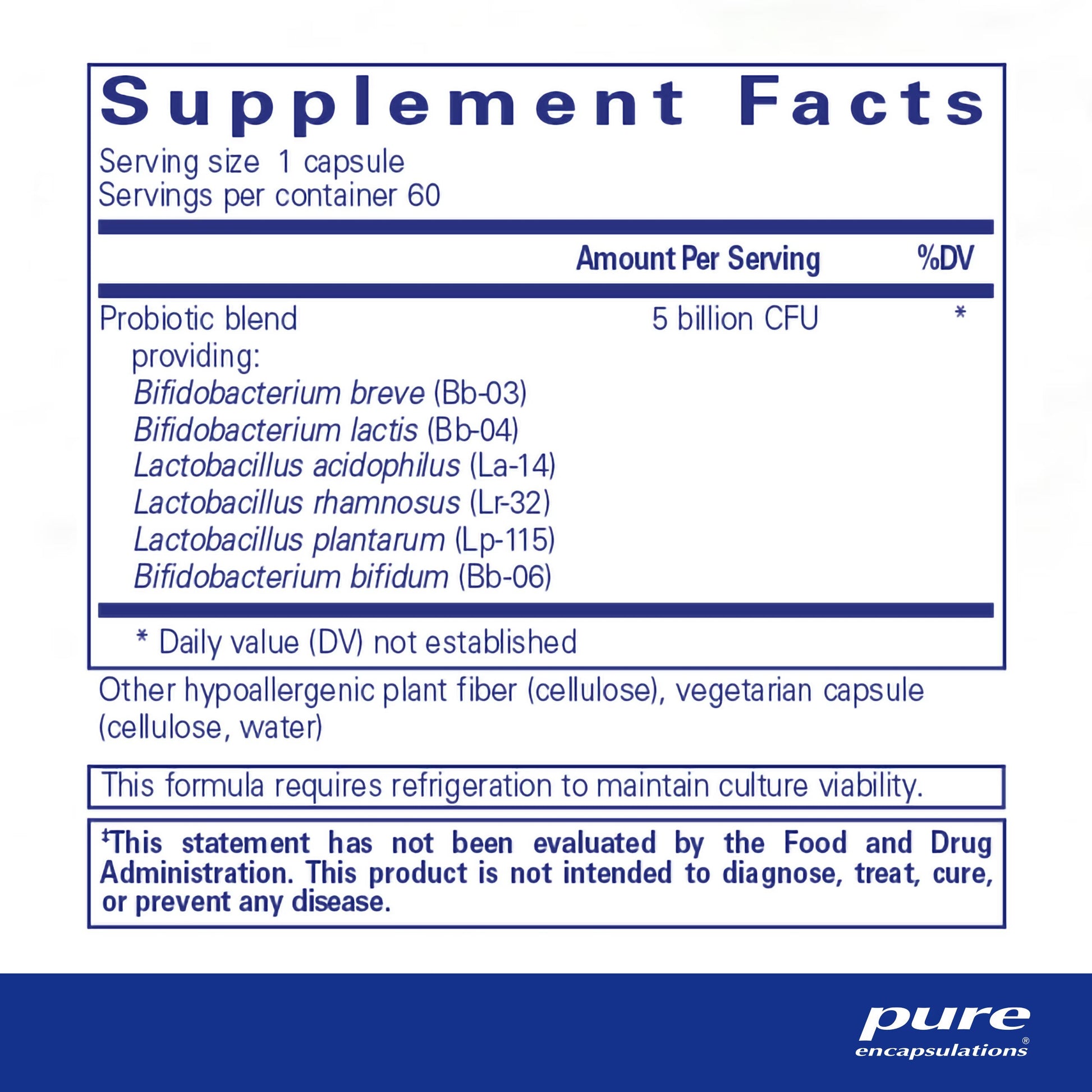 Supplement facts and ingredienet information for a  bottle of Pure Encapsulations PureProbiotic dietary supplement 
