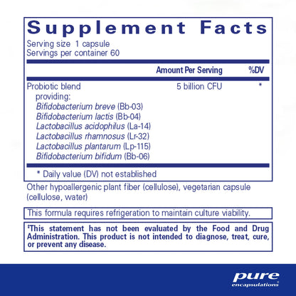 Supplement facts and ingredienet information for a  bottle of Pure Encapsulations PureProbiotic dietary supplement 