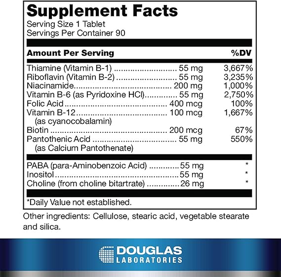 Supplement facts for a bottle of Douglas Labs Stress-B-Plus dietary supplement