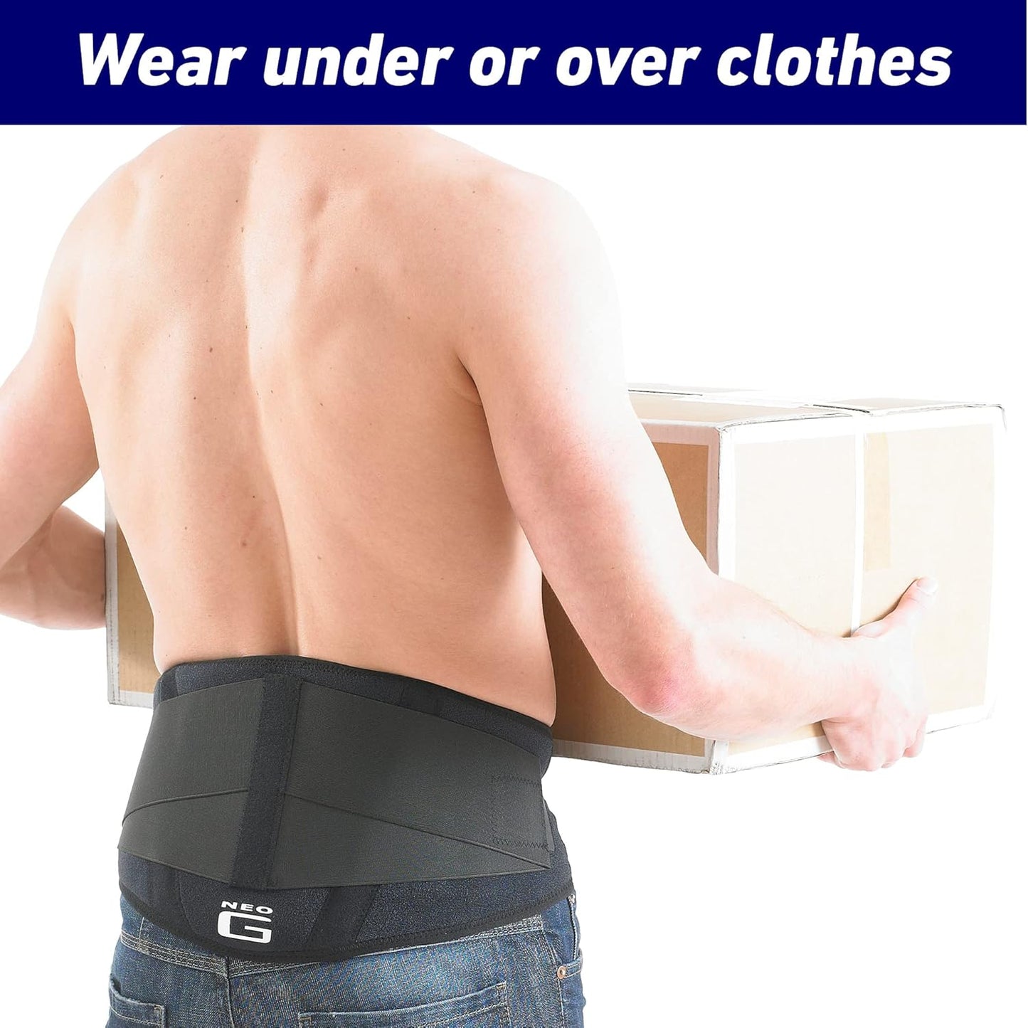 Person wearing a black waist support belt with text 'Wear under or over clothes' at the top.