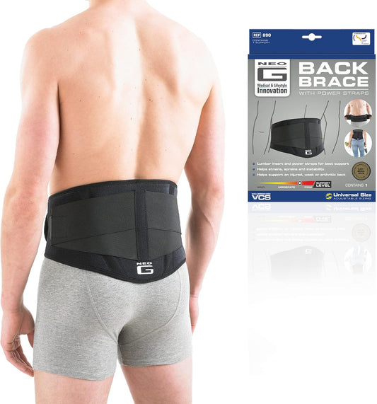 Person wearing a black back brace with product packaging on the side