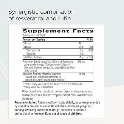 Supplement facts label for a product containing resveratrol and rutin on a light gray background.