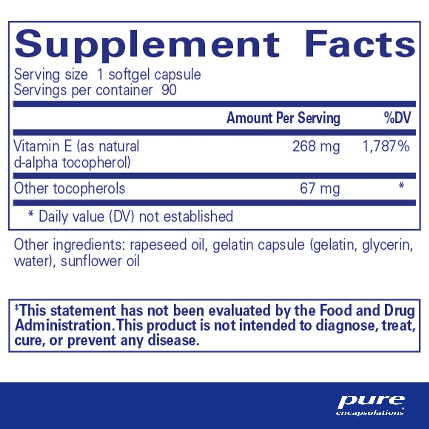 Supplement facts for a bottle of Pure Encapsulations Vitamin E with mixed tocopherols