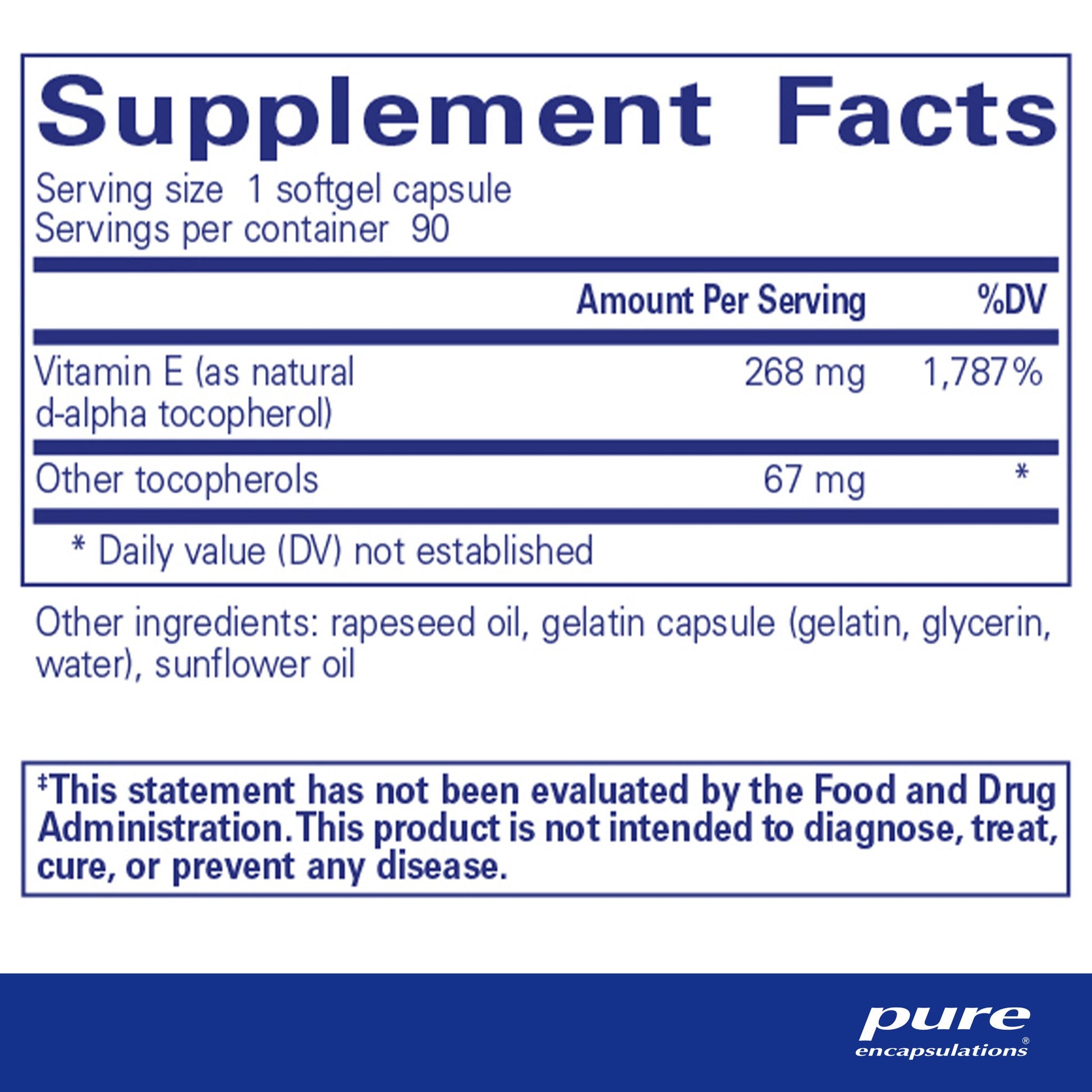 Supplement facts for a bottle of Pure Encapsulations Vitamin E with mixed tocopherols