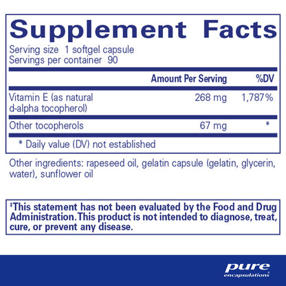 Supplement facts for a bottle of Pure Encapsulations Vitamin E with mixed tocopherols