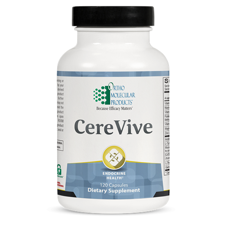 A bottle of OrthoMolecular Products CereVive, a dietary supplement designed to support mood and mental outlook with 120 capsules.