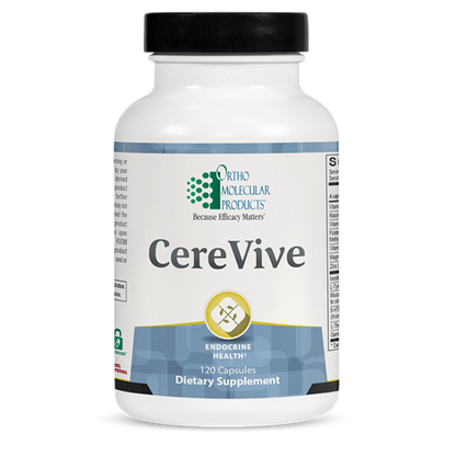 A bottle of OrthoMolecular Products CereVive, a dietary supplement designed to support mood and mental outlook with 120 capsules.