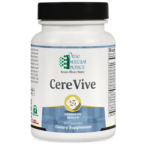A bottle of OrthoMolecular Products CereVive, a dietary supplement designed to support mood and mental outlook with 60 capsules.