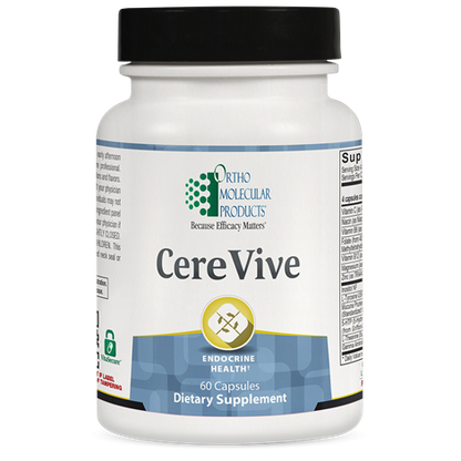 A bottle of OrthoMolecular Products CereVive, a dietary supplement designed to support mood and mental outlook with 60 capsules.