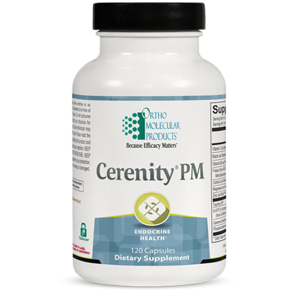 A bottle of OrthoMolecular Products Cerenity PM dietary supplement with 120 capsules, labeled for endocrine health and sleep support.
