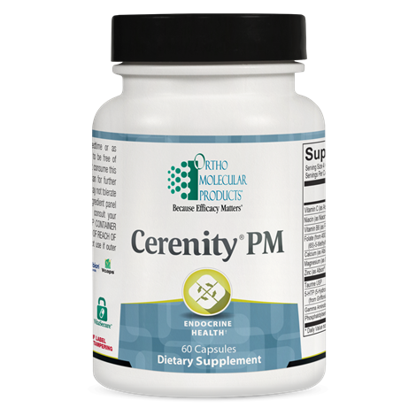 A bottle of OrthoMolecular Products Cerenity PM dietary supplement with 60 capsules, labeled for endocrine health and sleep support.