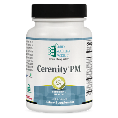 A bottle of OrthoMolecular Products Cerenity PM dietary supplement with 60 capsules, labeled for endocrine health and sleep support.