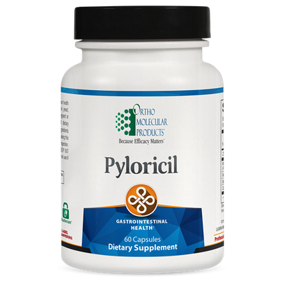 A bottle of OrthoMolecular Products Pyloricil, labeled as a dietary supplement for gastrointestinal health with 60 capsules.