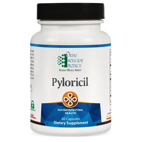 A bottle of OrthoMolecular Products Pyloricil, labeled as a dietary supplement for gastrointestinal health with 60 capsules.