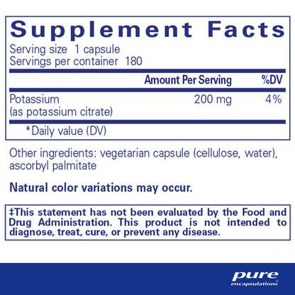 Supplement facts and ingredient information for a bottle of Pure Encapsulations Potassium (citrate) dietary supplement