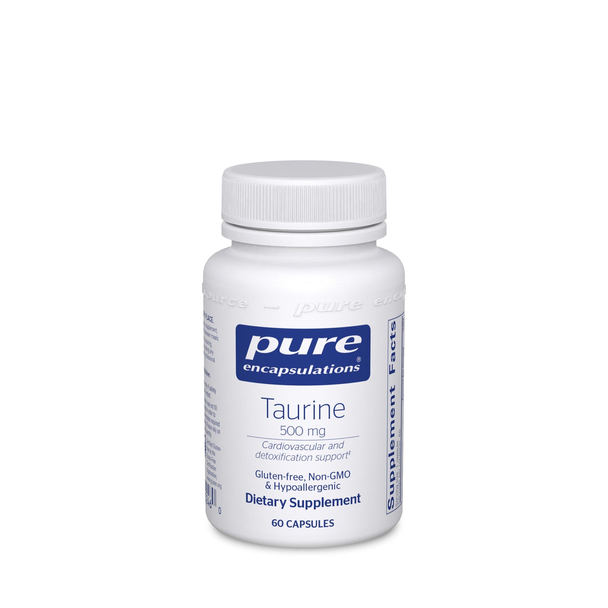 A bottle of Pure Encapsulations Taurine 500 mg dietary supplement containing 60 capsules.