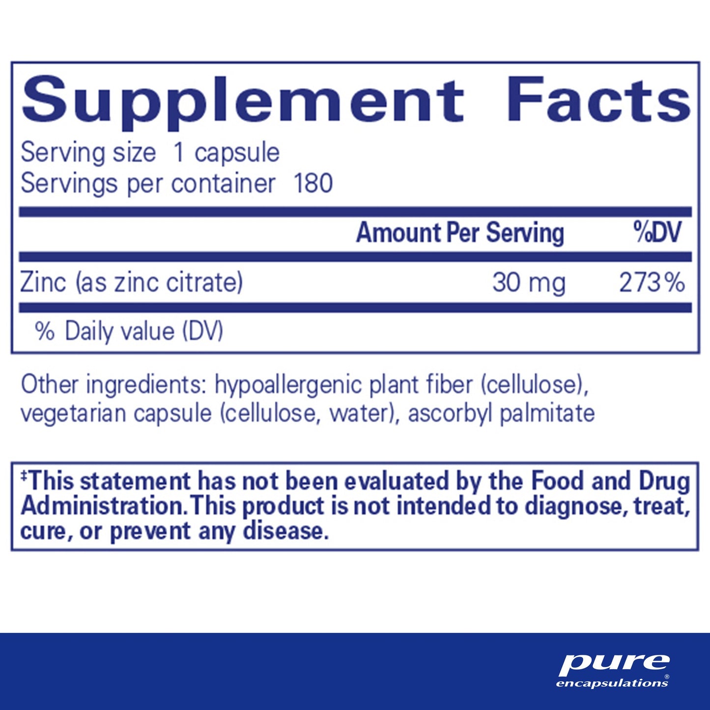 Supplement facts and ingredient onformation for A bottle of Pure Encapsulations Zinc (citrate) dietary supplement