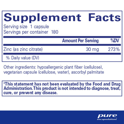 Supplement facts and ingredient onformation for A bottle of Pure Encapsulations Zinc (citrate) dietary supplement