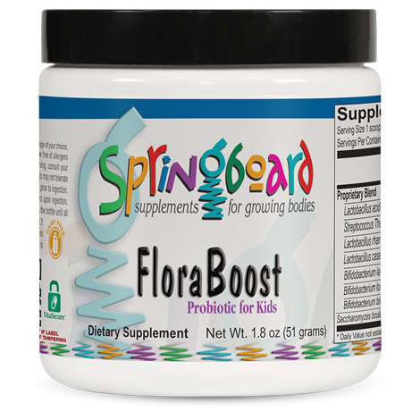 Springboard FloraBoost probiotic supplement for kids on a white background