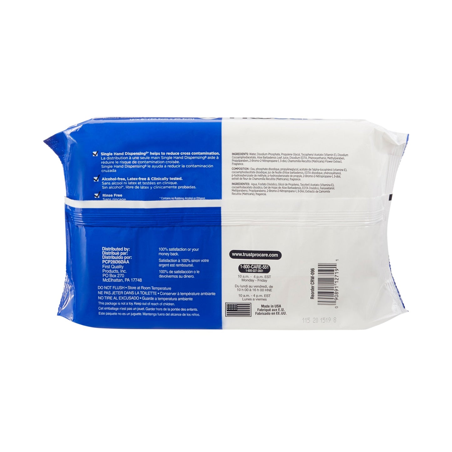 Back view of a blue and white package with text and a barcode on a white background