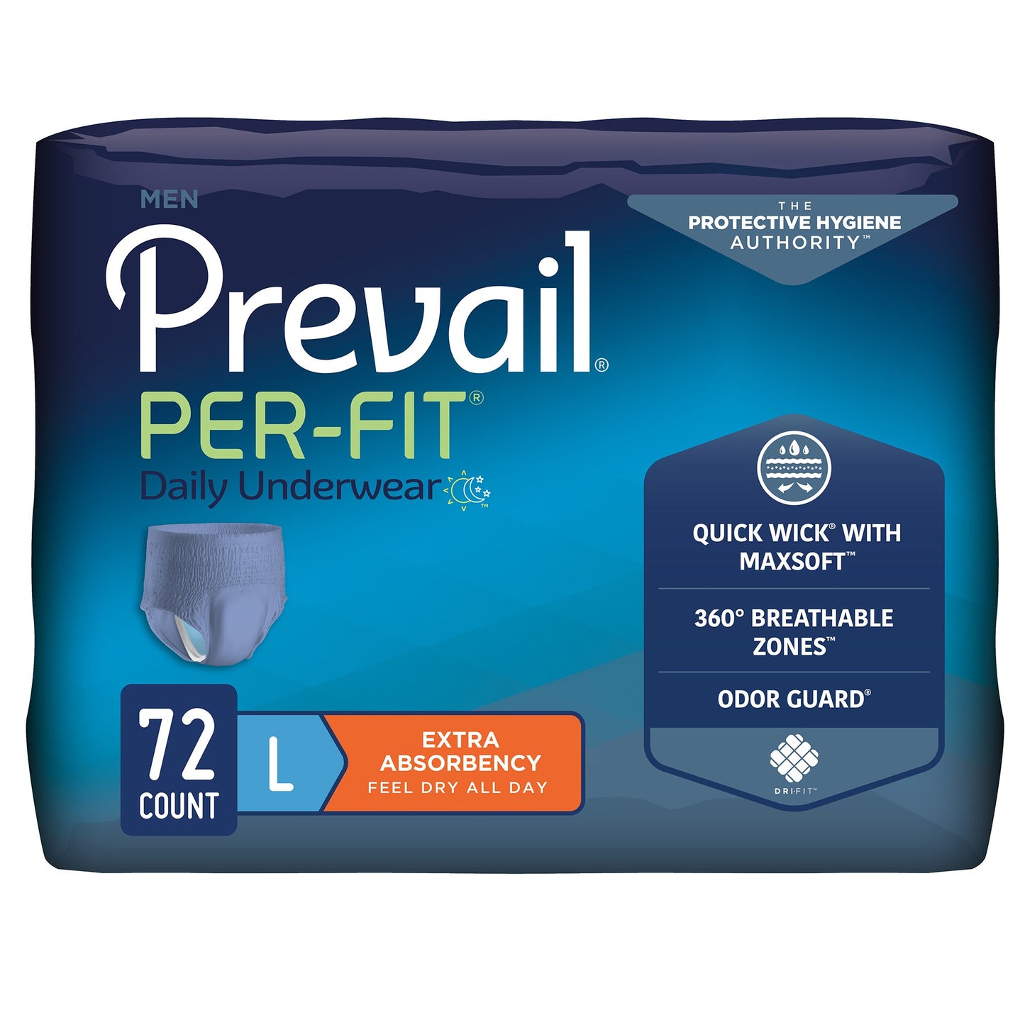 Package of Prevail Per-Fit daily underwear for men with blue and white design.