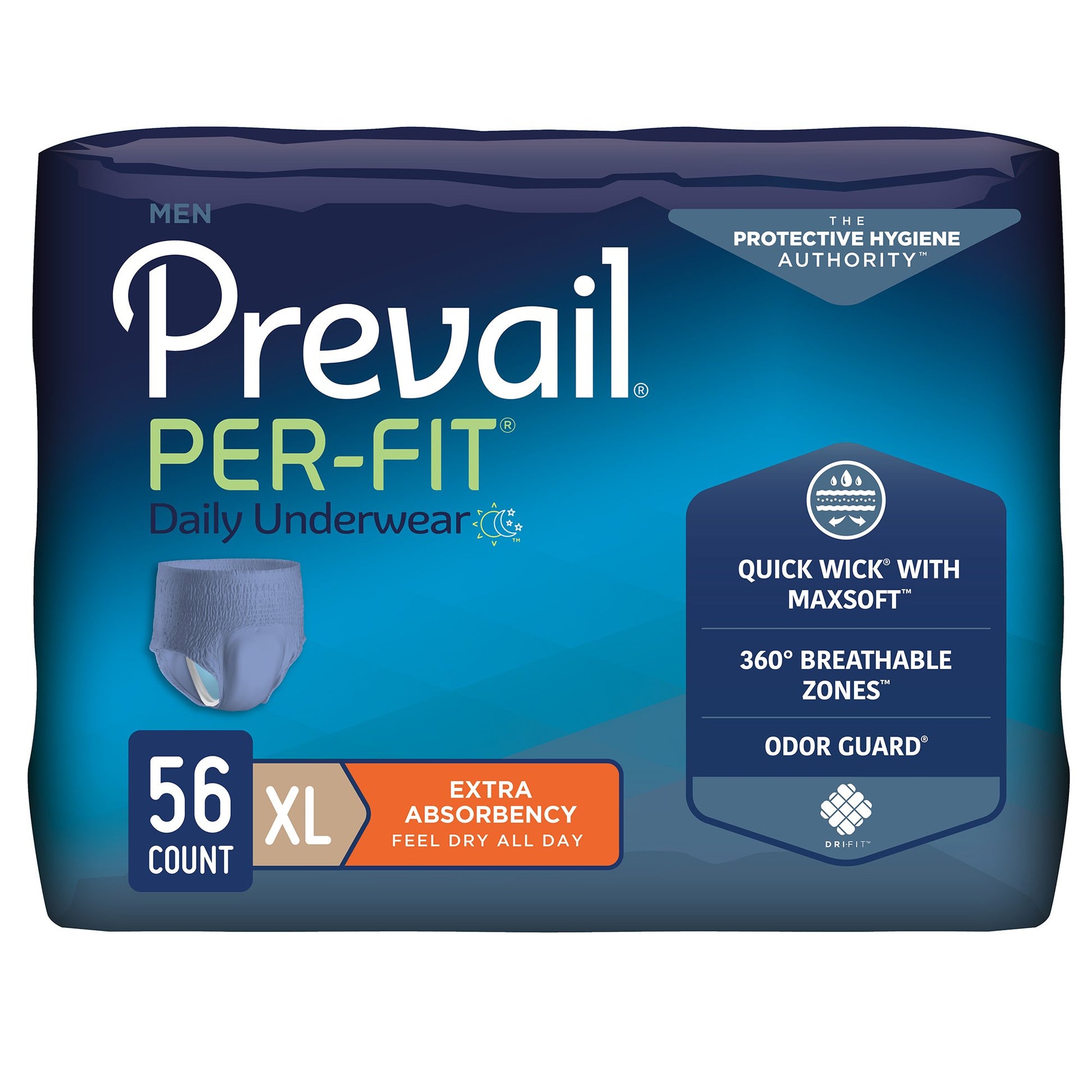 Package of Prevail Per-Fit daily underwear for men with features listed on a blue background