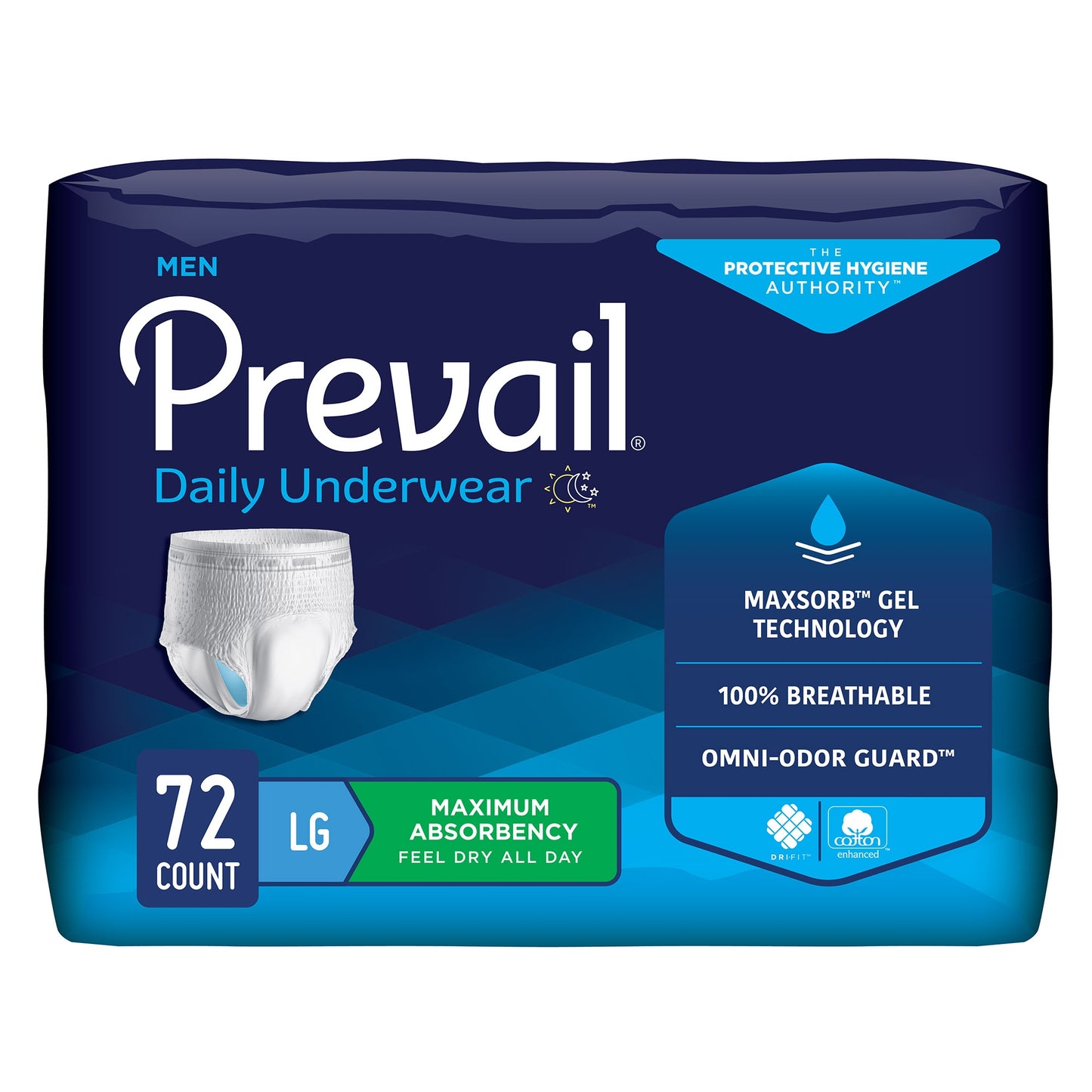 Package of Prevail daily underwear for men with features highlighted on a blue background