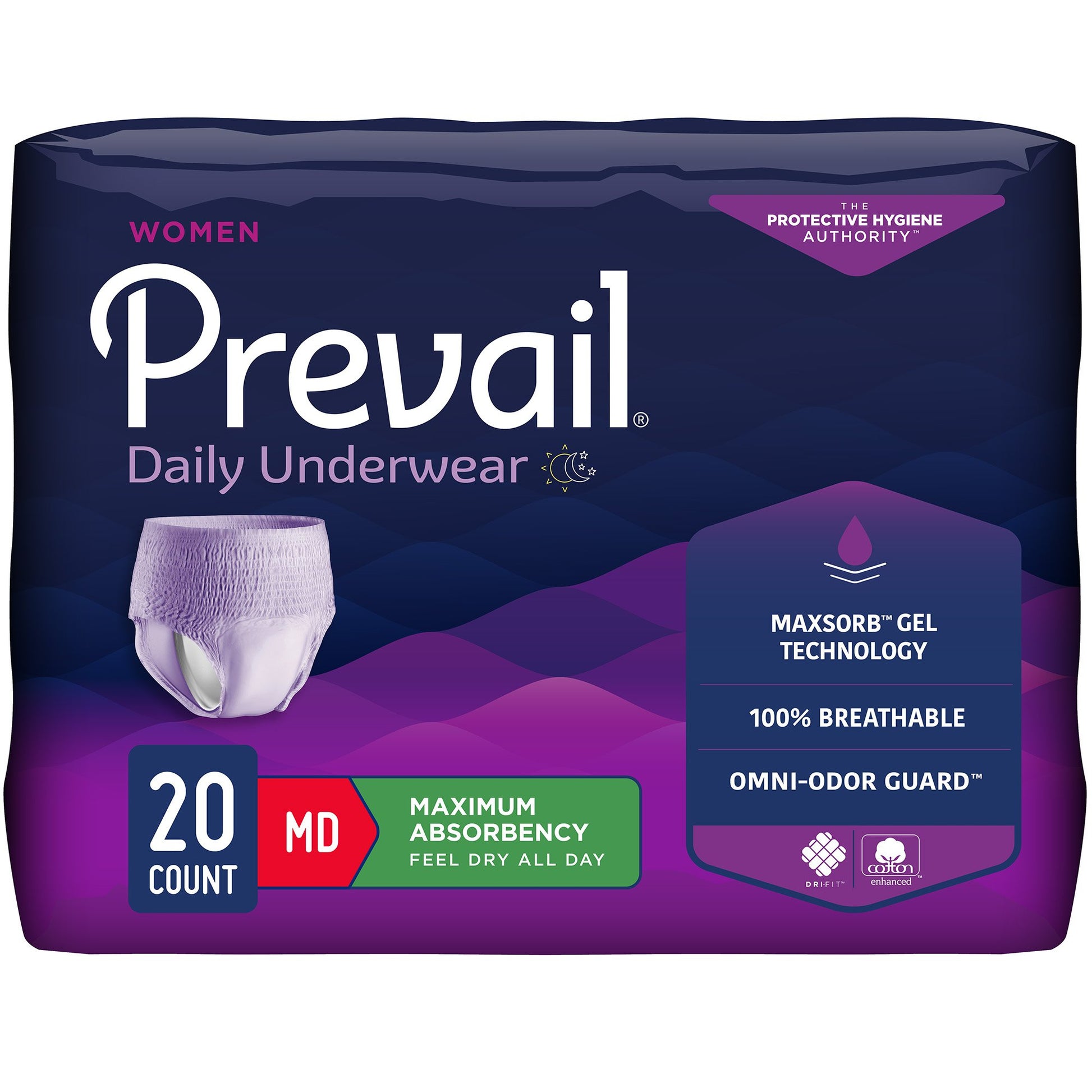 Package of Prevail daily undergarments with purple and white design