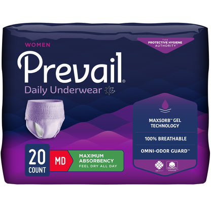 Package of Prevail daily undergarments with purple and white design