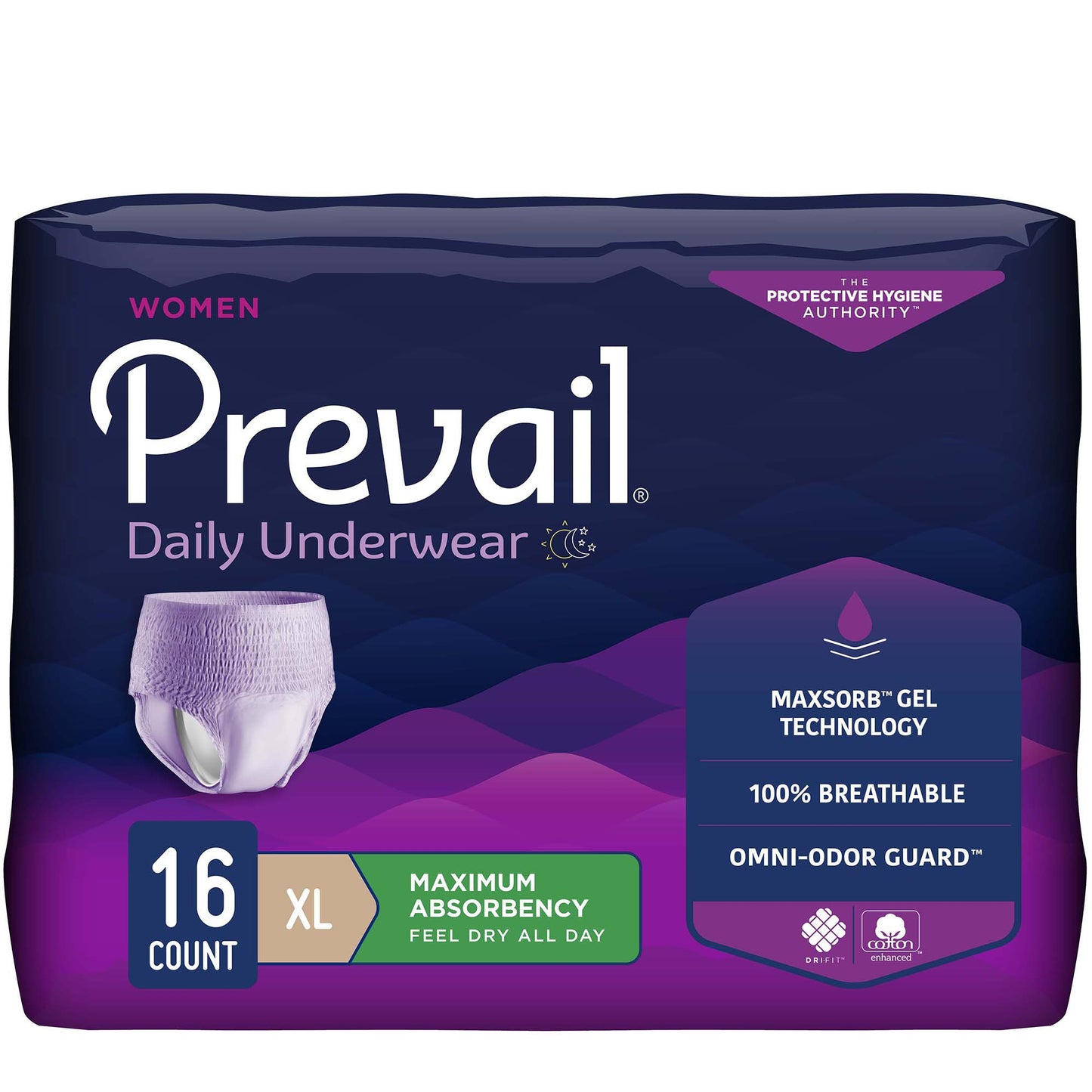 Package of Prevail women's daily underwear on a white background