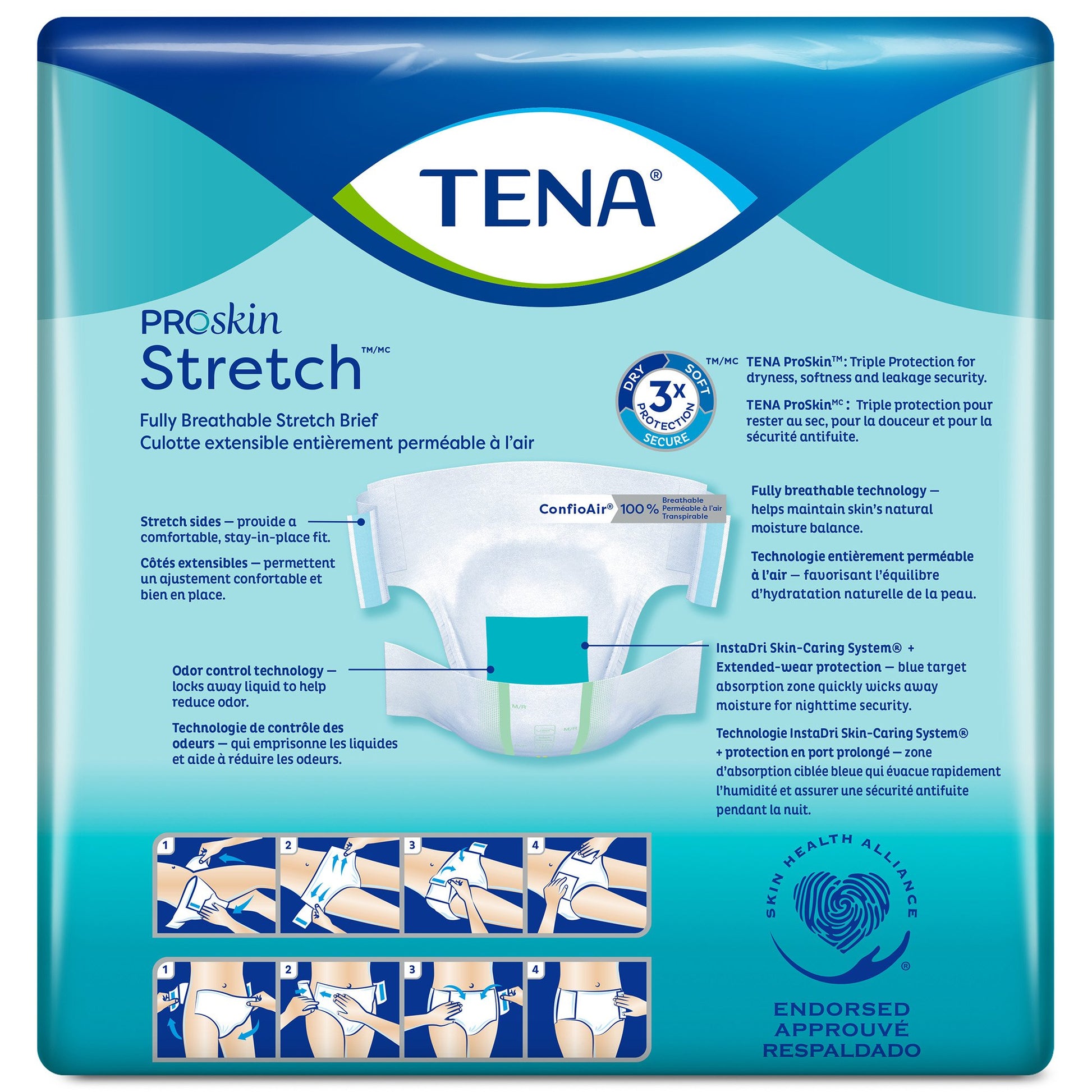 TENA ProSkin Stretch product packaging with detailed text and illustrations on a blue background