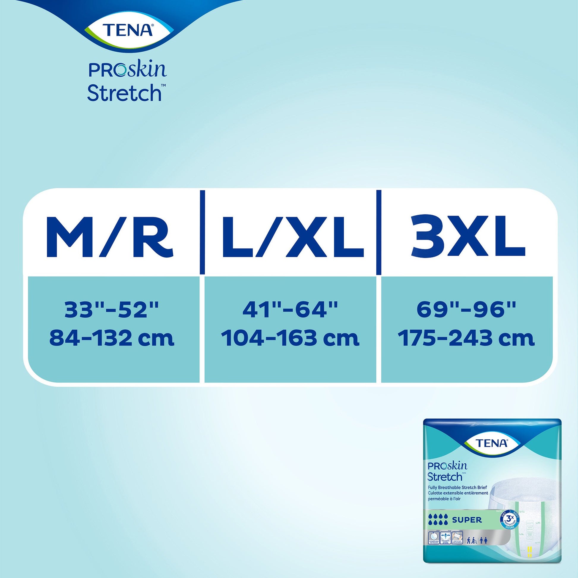 TENA ProSkin Stretch product packaging with size chart on a light blue background