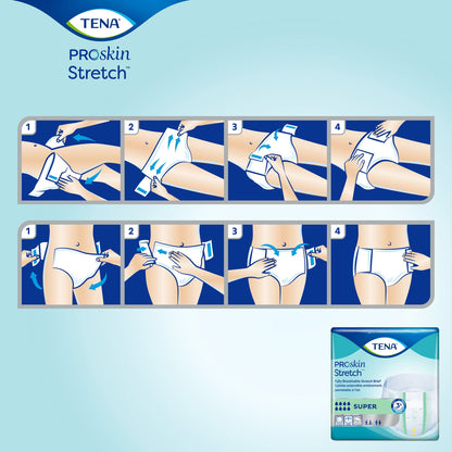 TENA ProSkin Stretch product packaging with usage instructions on a blue background