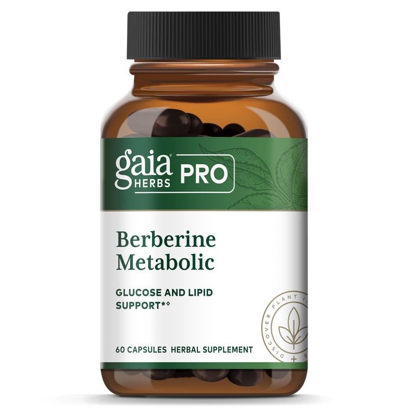 A bottle of Gaia Herbs Pro Berberine Metabolic supplement with 60 capsules, labeled as glucose and lipid support.