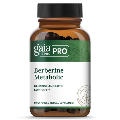 A bottle of Gaia Herbs Pro Berberine Metabolic supplement with 60 capsules, labeled as glucose and lipid support.