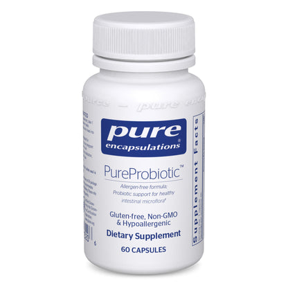 A bottle of Pure Encapsulations PureProbiotic dietary supplement with 60 capsules, labeled as gluten-free, non-GMO, and hypoallergenic.